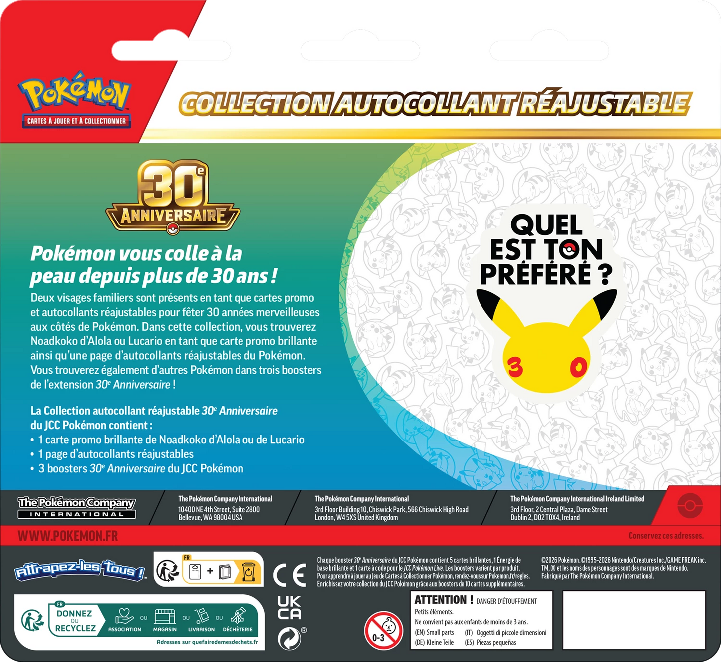 Tripack Collection Autocollant Réajustable Pokémon 30e Anniversaire Noadkoko d'Alola 🇫🇷