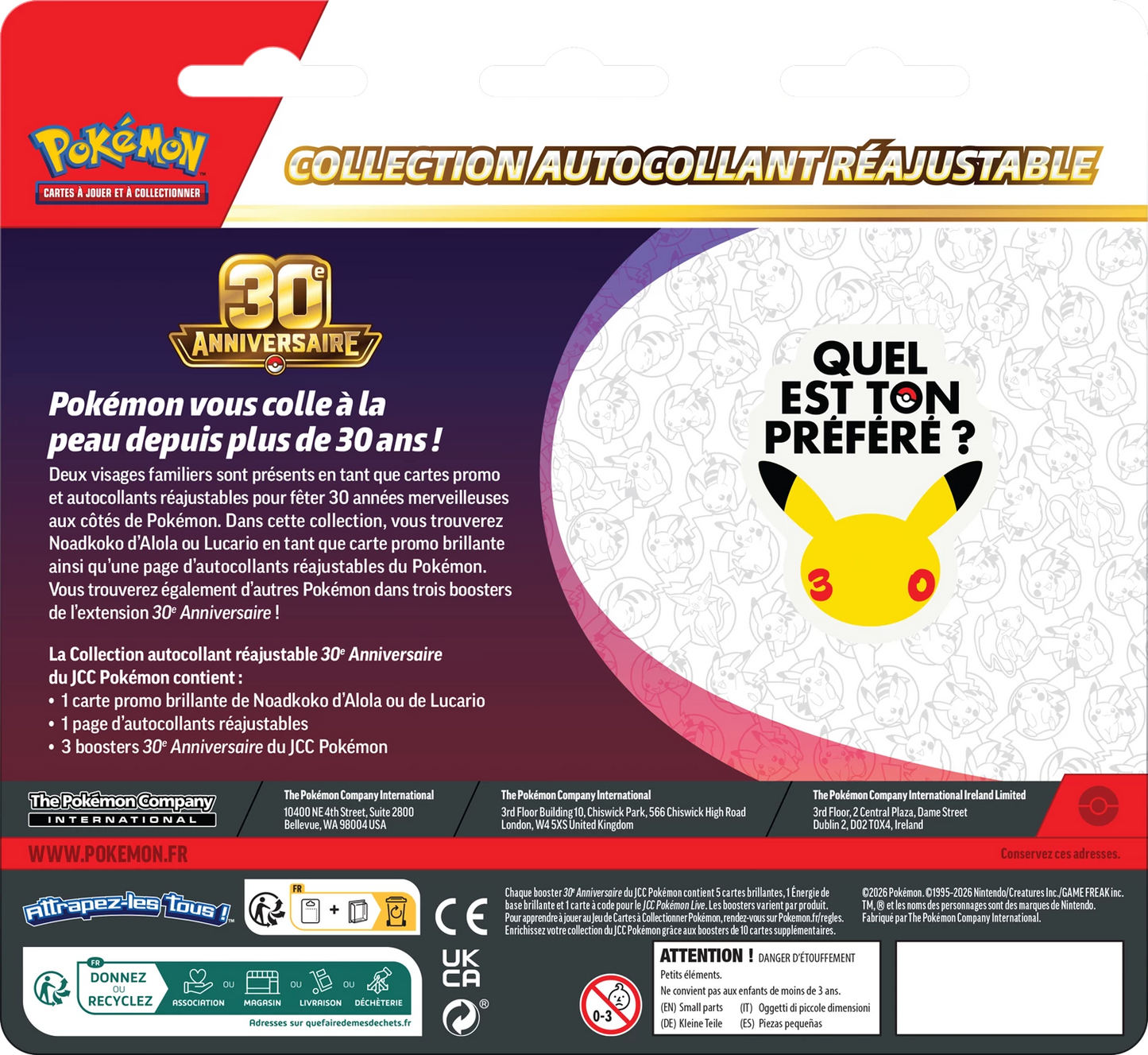 Tripack Collection Autocollant Réajustable Pokémon 30e Anniversaire Lucario 🇫🇷